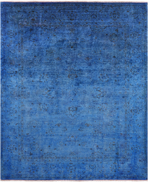 Blue Full Pile Overdyed Hand Knotted Wool Rug - 8' 1" X 9' 6" - Golden Nile