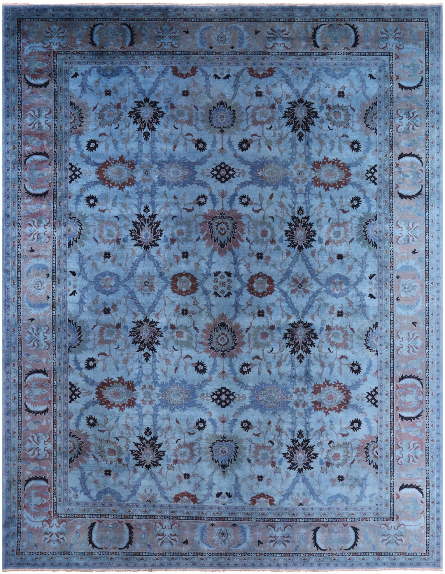 Blue Tabriz Low Pile Overdyed Hand Knotted Wool Rug - 13' 0" X 16' 3" - Golden Nile