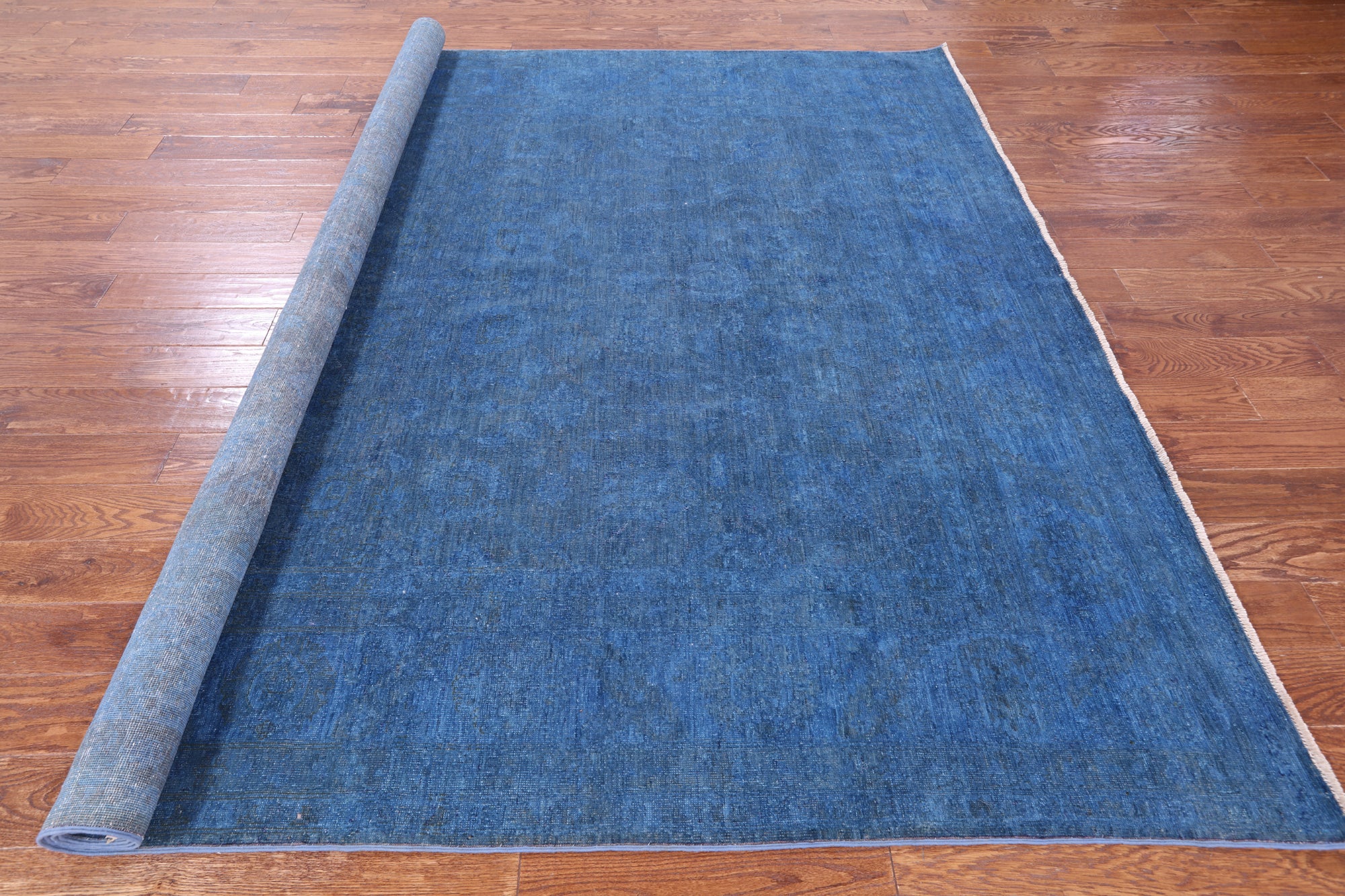 Blue Zero Pile Overdyed Hand Knotted Wool Rug - 8' 1" X 9' 6" - Golden Nile