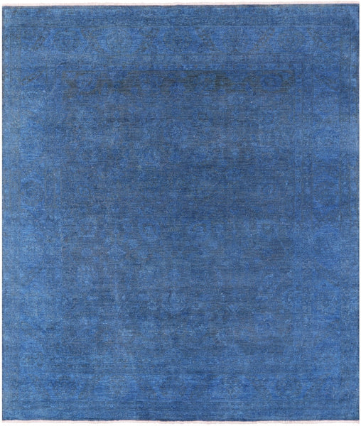 Blue Zero Pile Overdyed Hand Knotted Wool Rug - 8' 1" X 9' 6" - Golden Nile