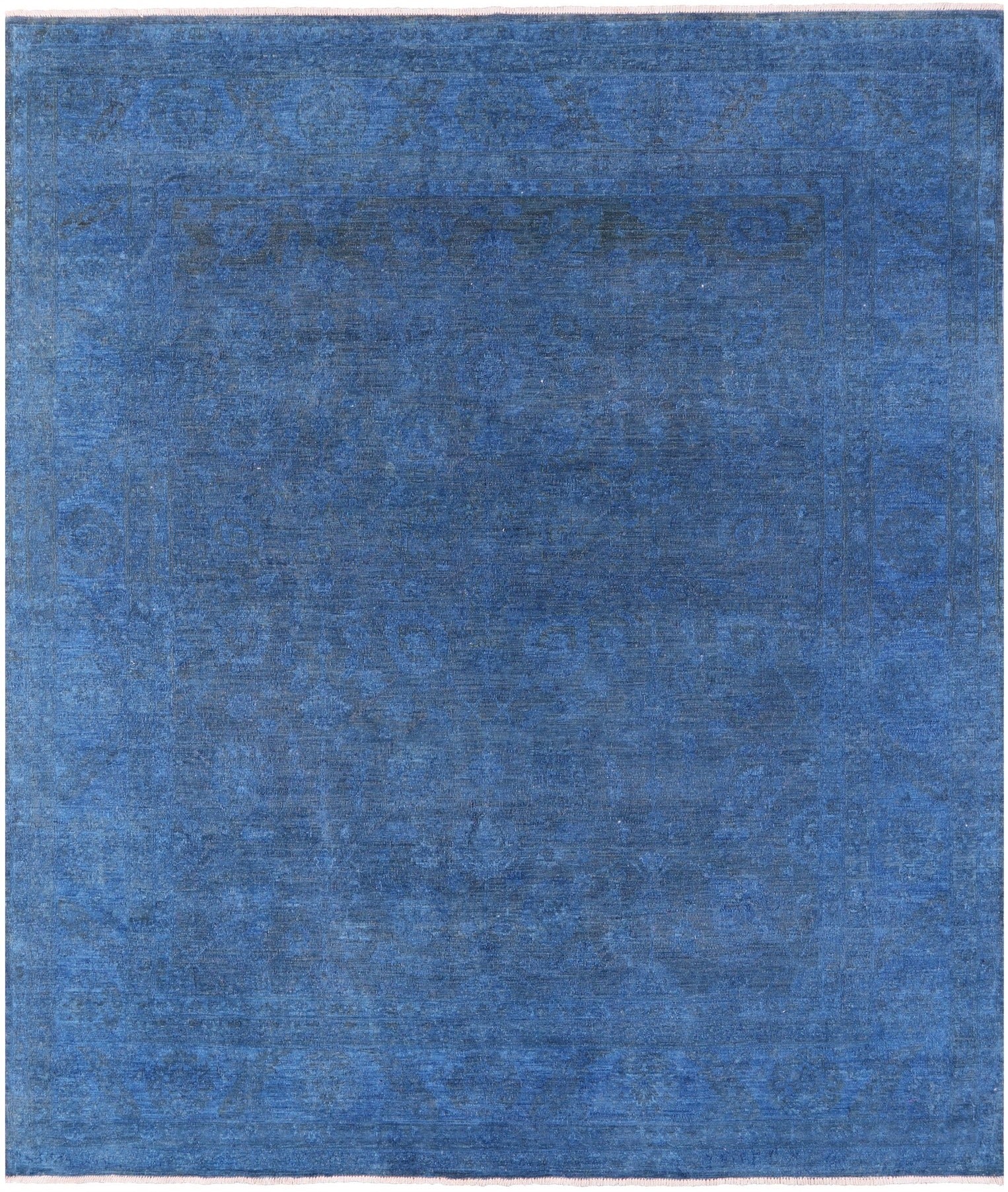 Blue Zero Pile Overdyed Hand Knotted Wool Rug - 8' 1" X 9' 6" - Golden Nile
