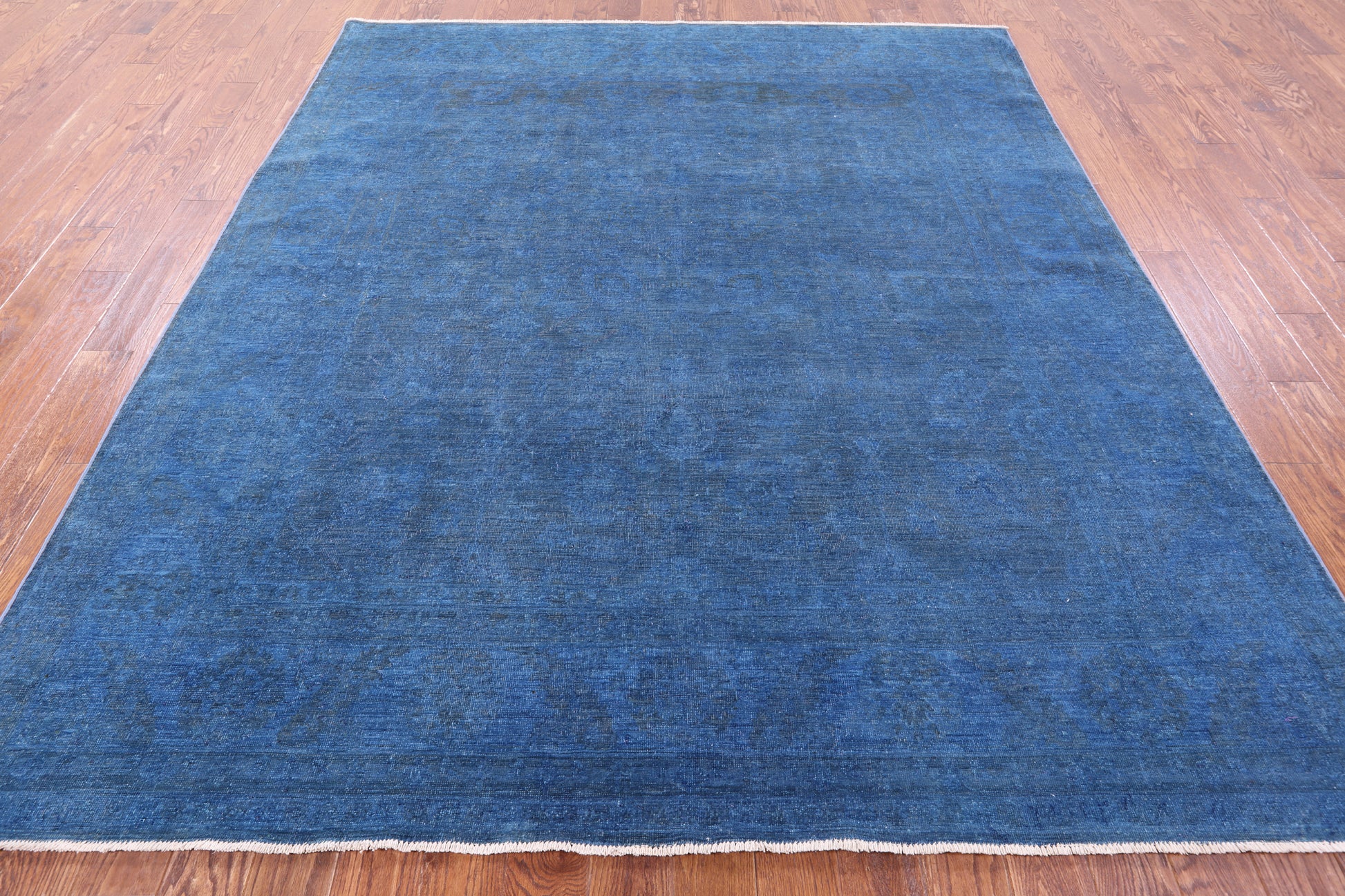 Blue Zero Pile Overdyed Hand Knotted Wool Rug - 8' 1" X 9' 6" - Golden Nile