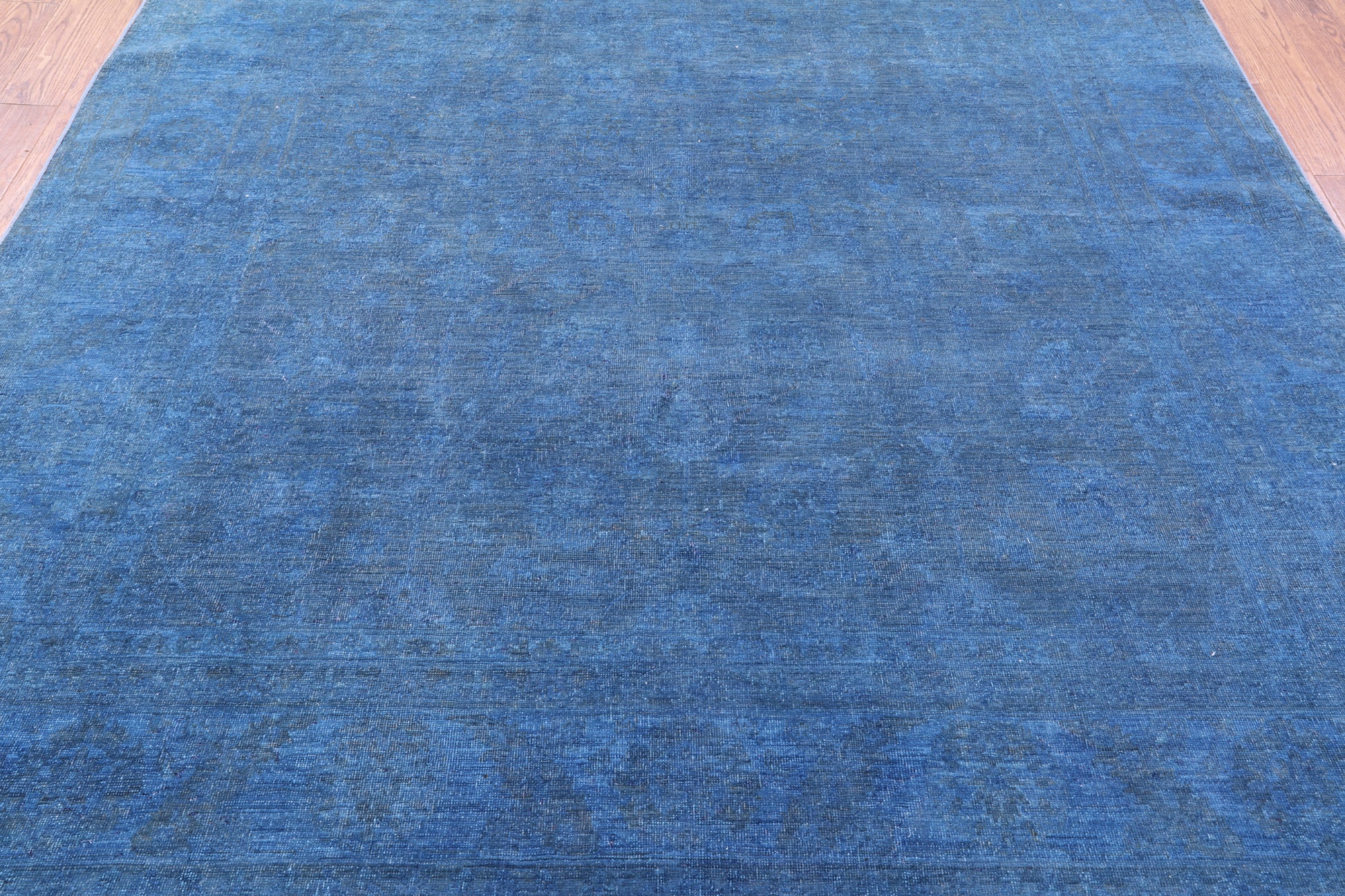 Blue Zero Pile Overdyed Hand Knotted Wool Rug - 8' 1" X 9' 6" - Golden Nile