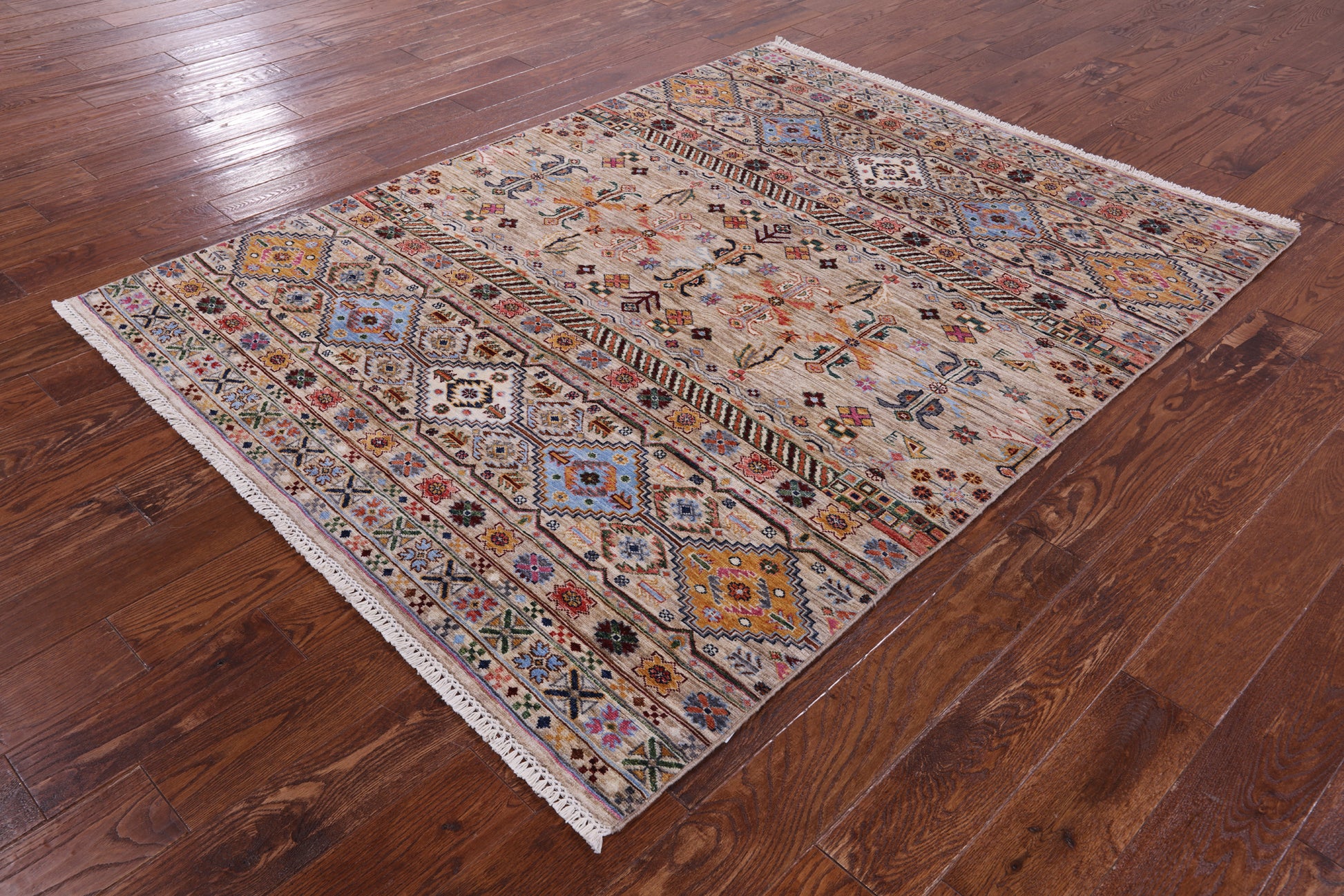 Khorjin Persian Gabbeh Hand Knotted Wool Rug - 5' 1" X 6' 8" - Golden Nile
