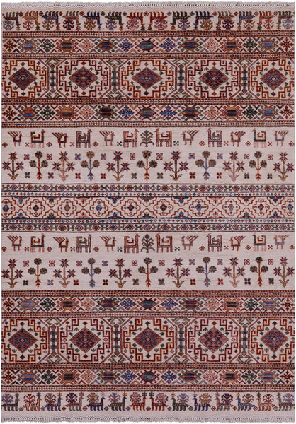 Ivory Tribal Persian Gabbeh Hand Knotted Wool Rug - 5' 6" X 7' 9" - Golden Nile