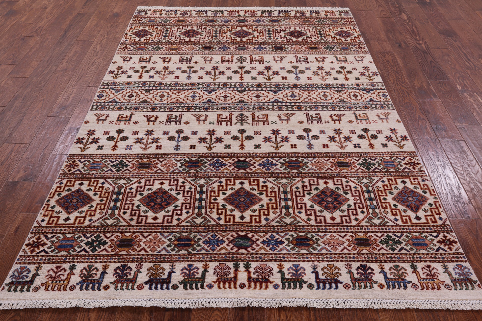 Ivory Tribal Persian Gabbeh Hand Knotted Wool Rug - 5' 6" X 7' 9" - Golden Nile