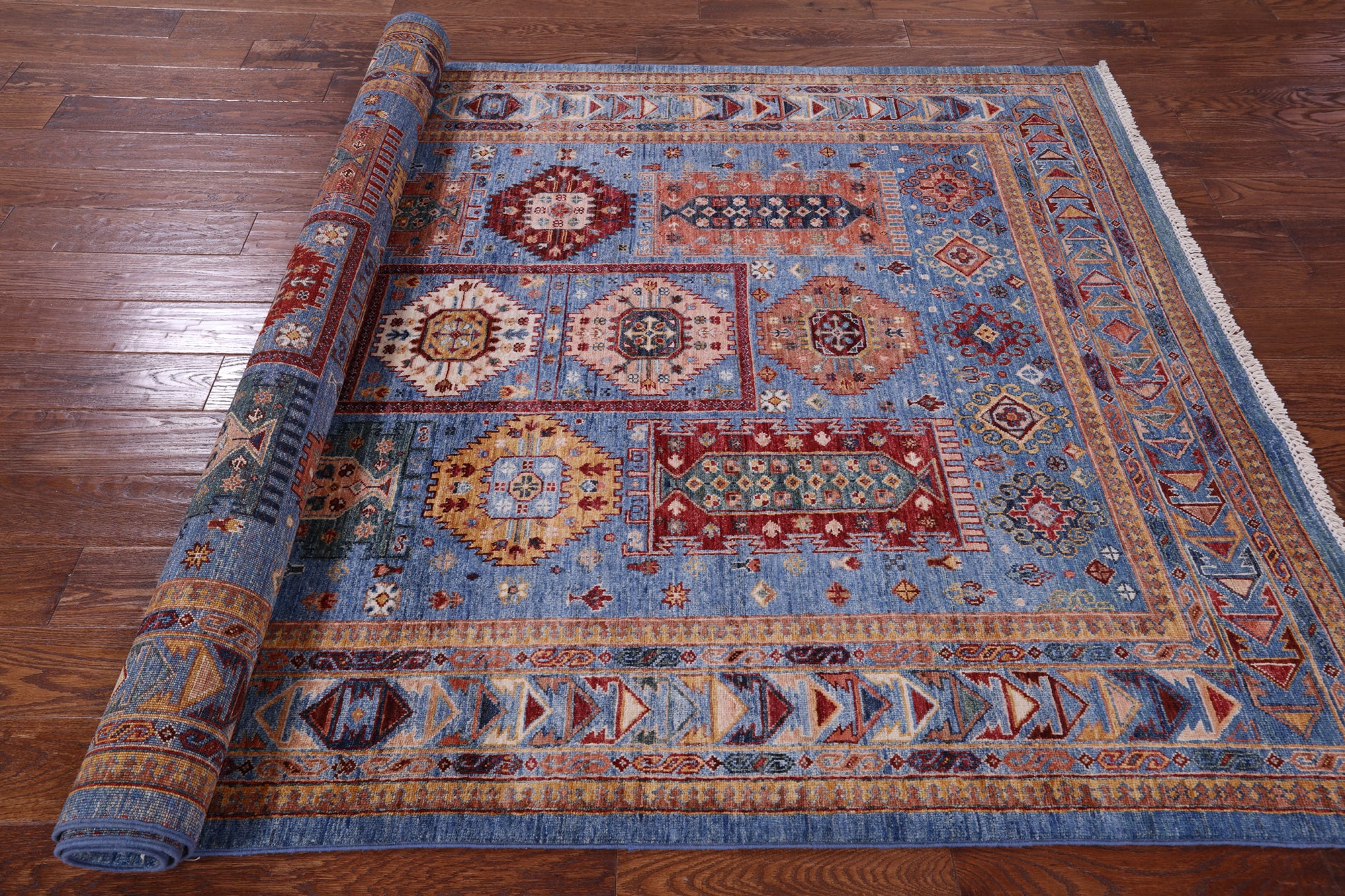 Blue Turkmen Ersari Hand Knotted Wool Rug - 5' 8" X 8' 6" - Golden Nile
