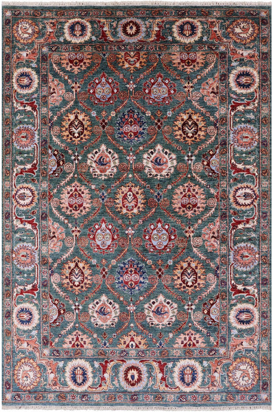 Green Persian Tabriz Hand Knotted Wool Rug - 6' 7" X 9' 9" - Golden Nile