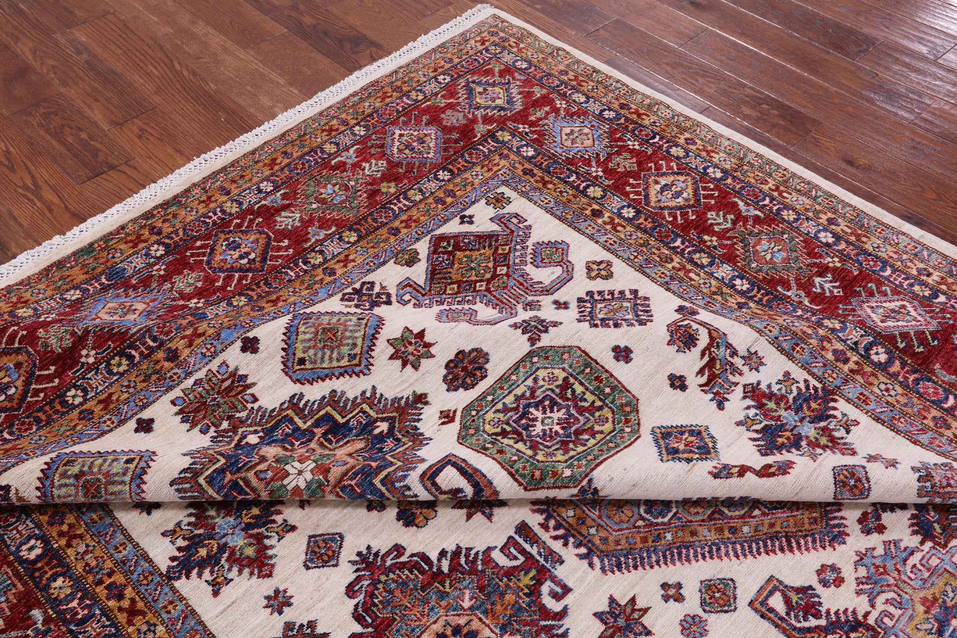 Ivory Super Kazak Hand Knotted Wool Rug - 7' 10" X 9' 11" - Golden Nile
