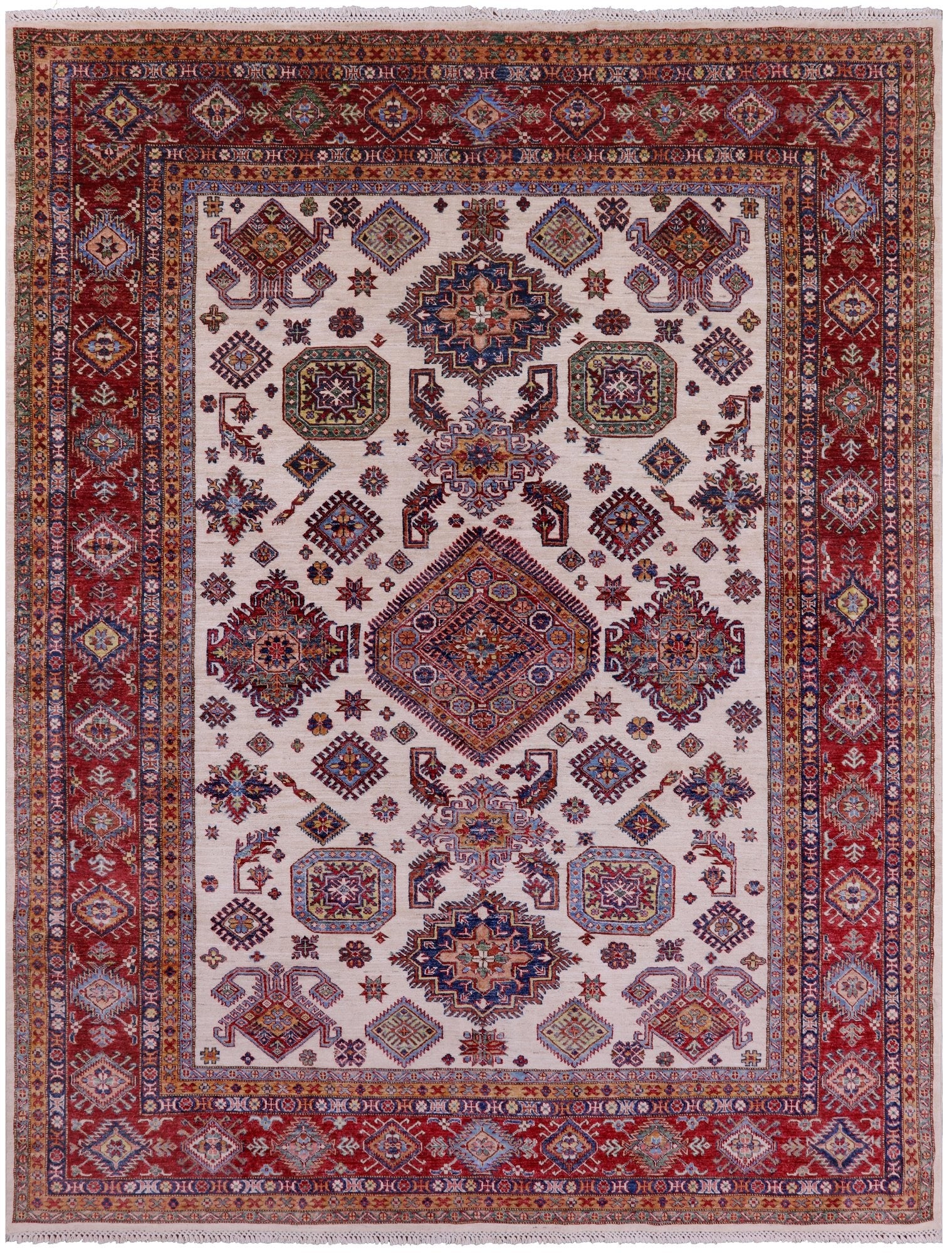 Ivory Super Kazak Hand Knotted Wool Rug - 7' 10" X 9' 11" - Golden Nile