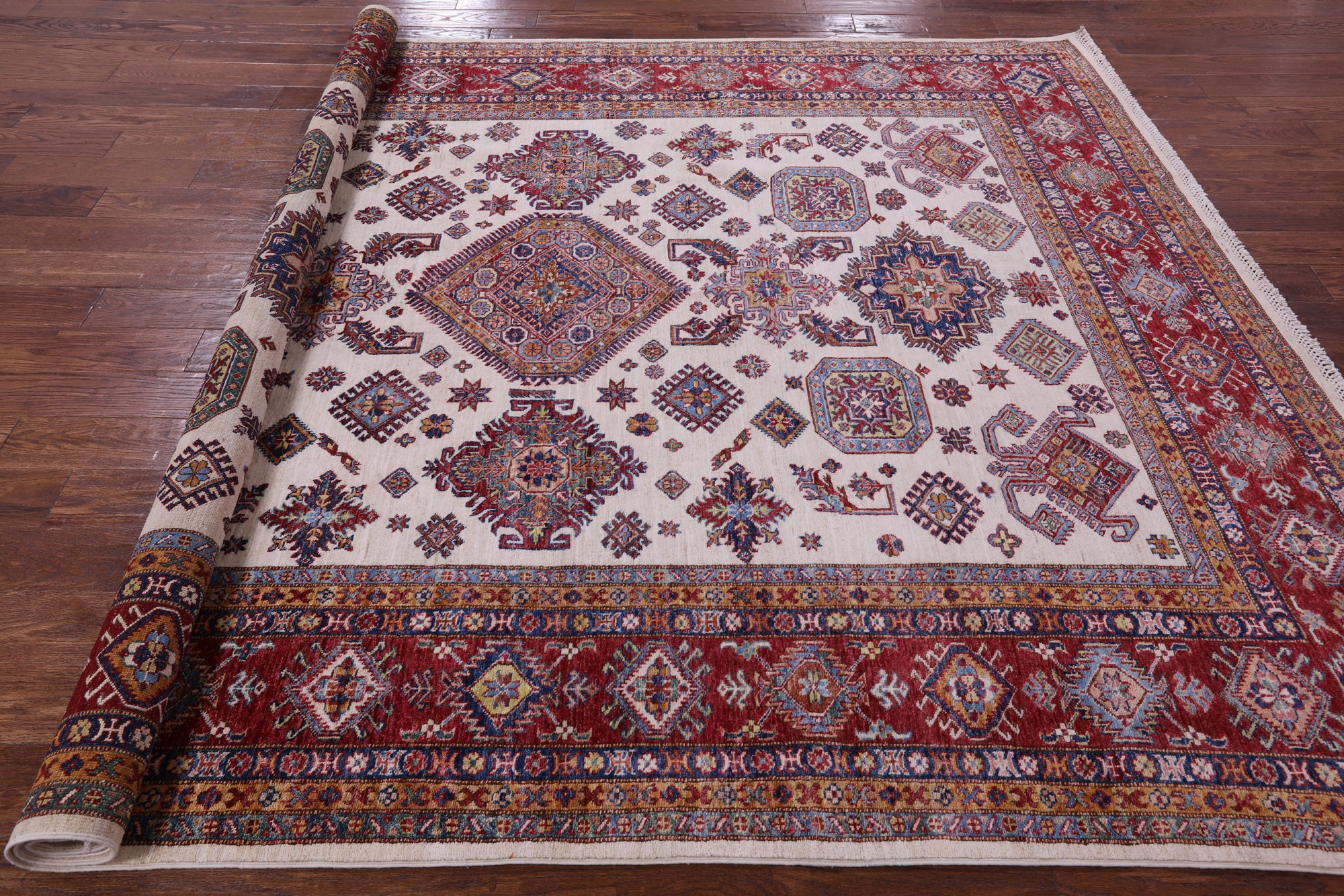 Ivory Super Kazak Hand Knotted Wool Rug - 7' 10" X 9' 11" - Golden Nile
