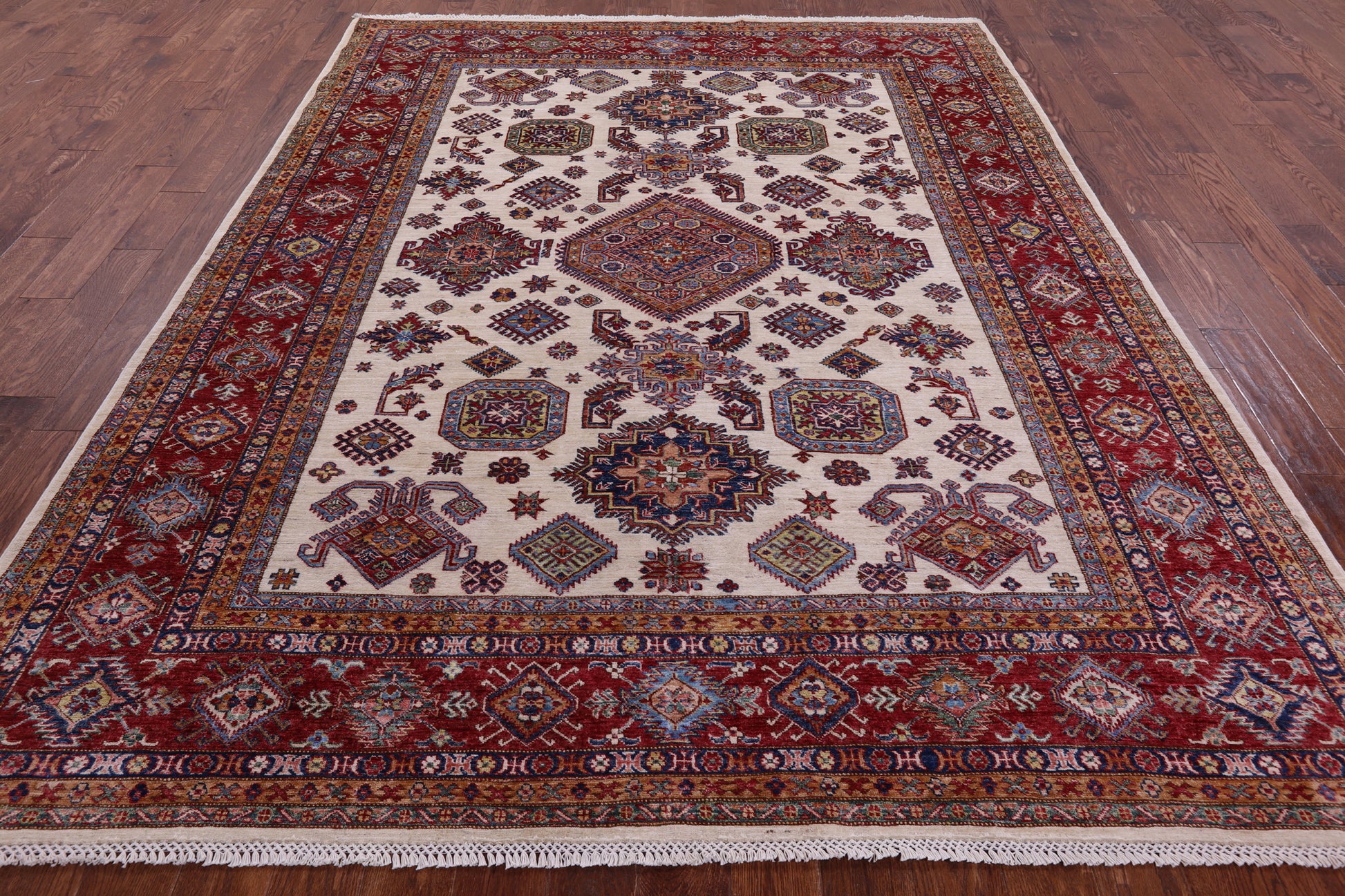 Ivory Super Kazak Hand Knotted Wool Rug - 7' 10" X 9' 11" - Golden Nile