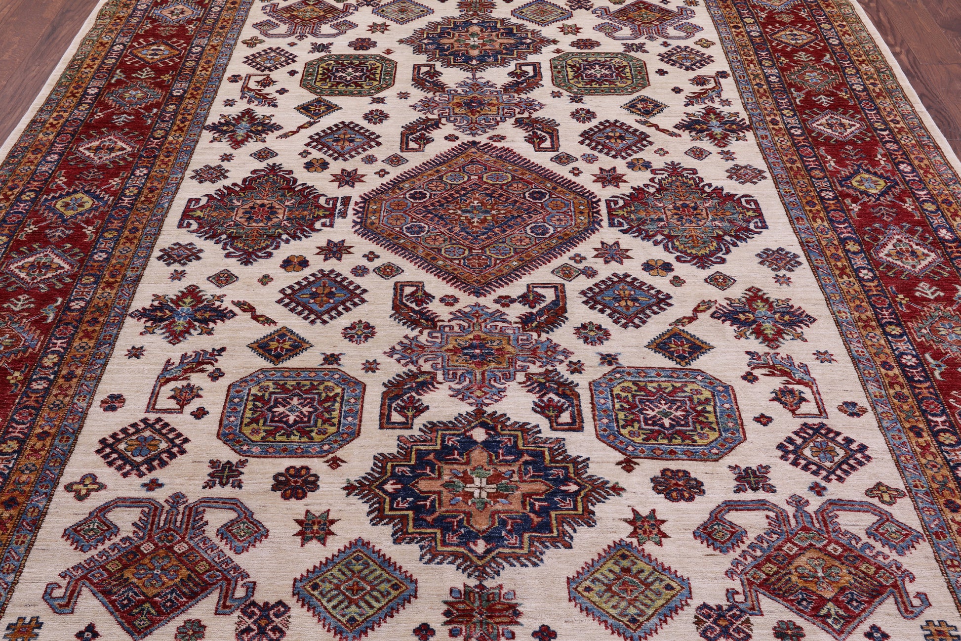 Ivory Super Kazak Hand Knotted Wool Rug - 7' 10" X 9' 11" - Golden Nile