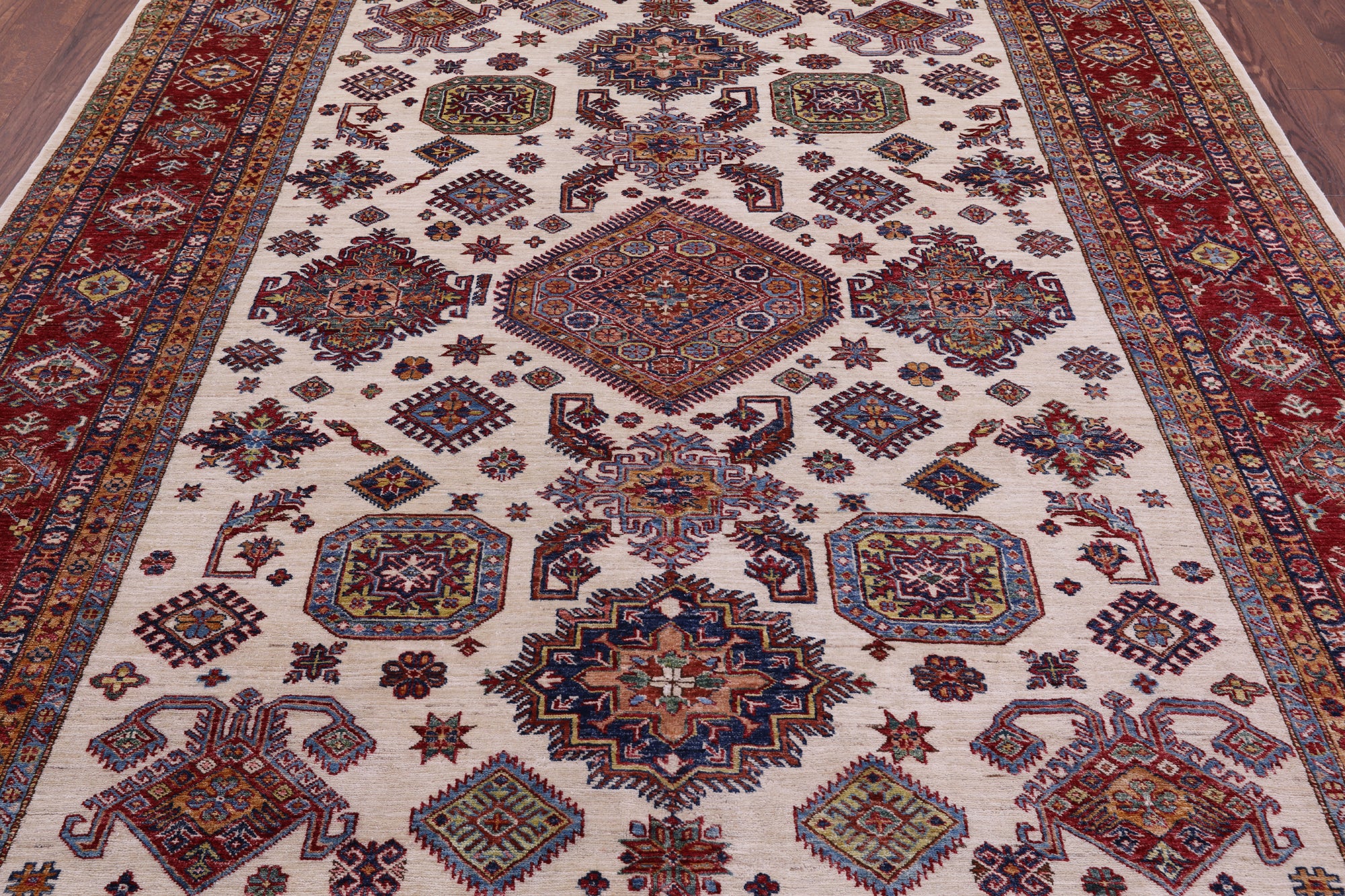 Ivory Super Kazak Hand Knotted Wool Rug - 7' 10" X 9' 11" - Golden Nile