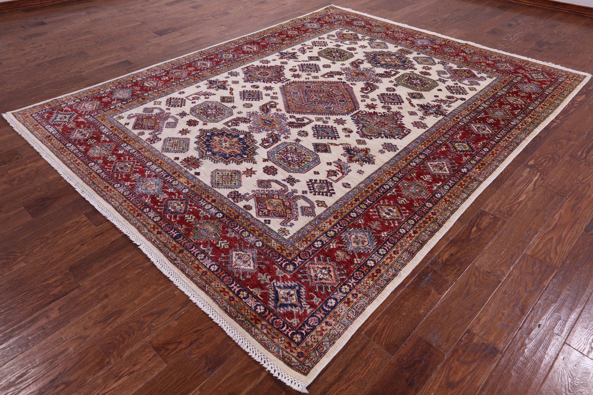Ivory Super Kazak Hand Knotted Wool Rug - 7' 10" X 9' 11" - Golden Nile