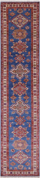 Blue Super Kazak Hand Knotted Wool Runner Rug - 2' 9" X 12' 5" - Golden Nile