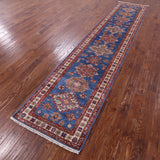 Blue Super Kazak Hand Knotted Wool Runner Rug - 2' 9" X 12' 5" - Golden Nile