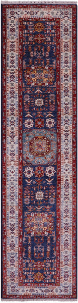 Blue Super Kazak Hand Knotted Wool Runner Rug - 2' 7" X 10' 2" - Golden Nile