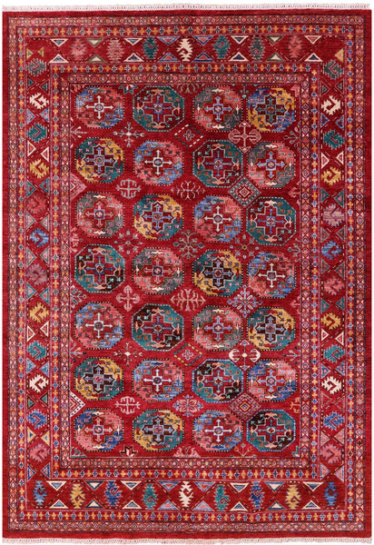 Red Turkmen Ersari Hand Knotted Wool Rug - 6' 6" X 9' 5" - Golden Nile