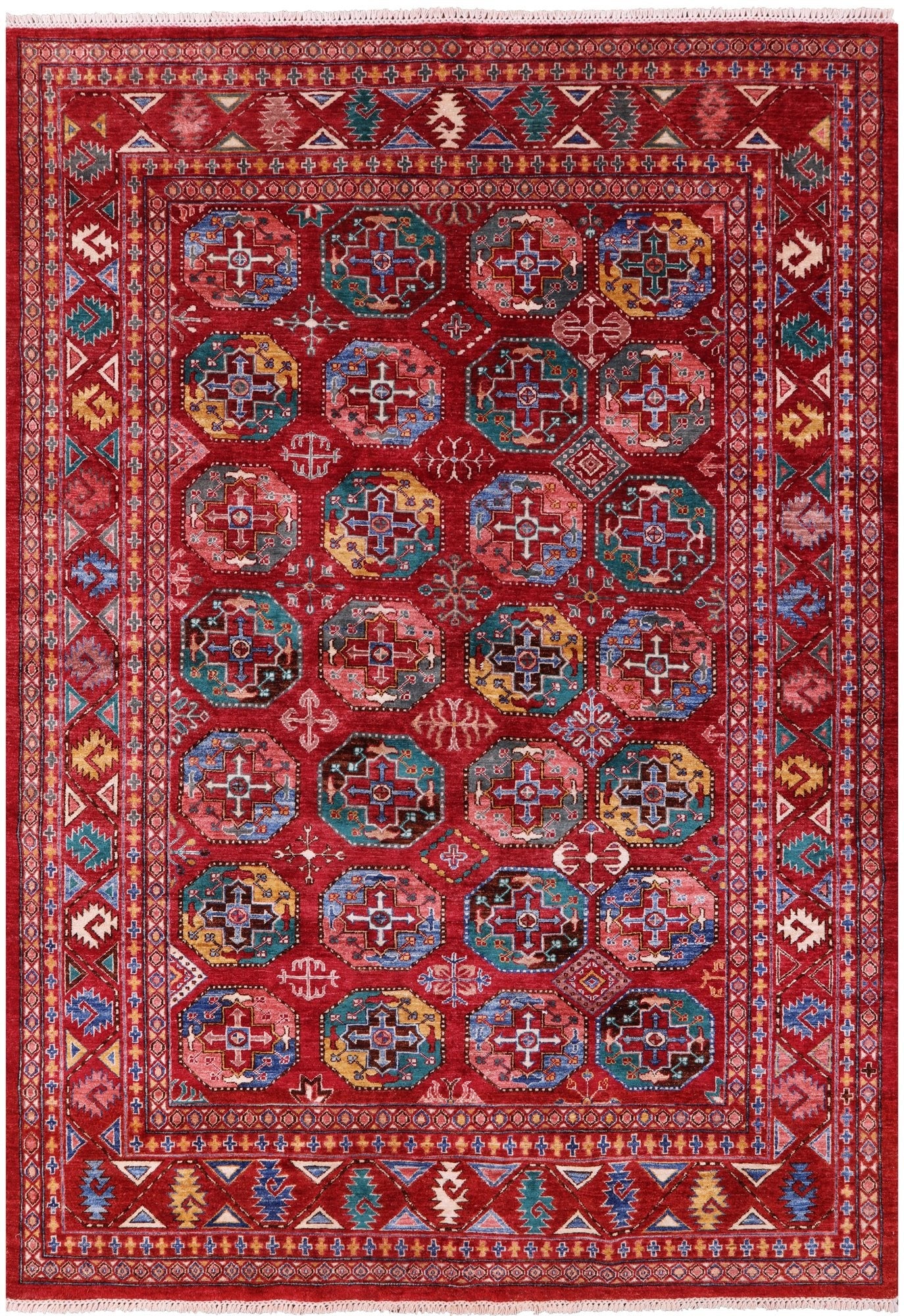 Red Turkmen Ersari Hand Knotted Wool Rug - 6' 6" X 9' 5" - Golden Nile