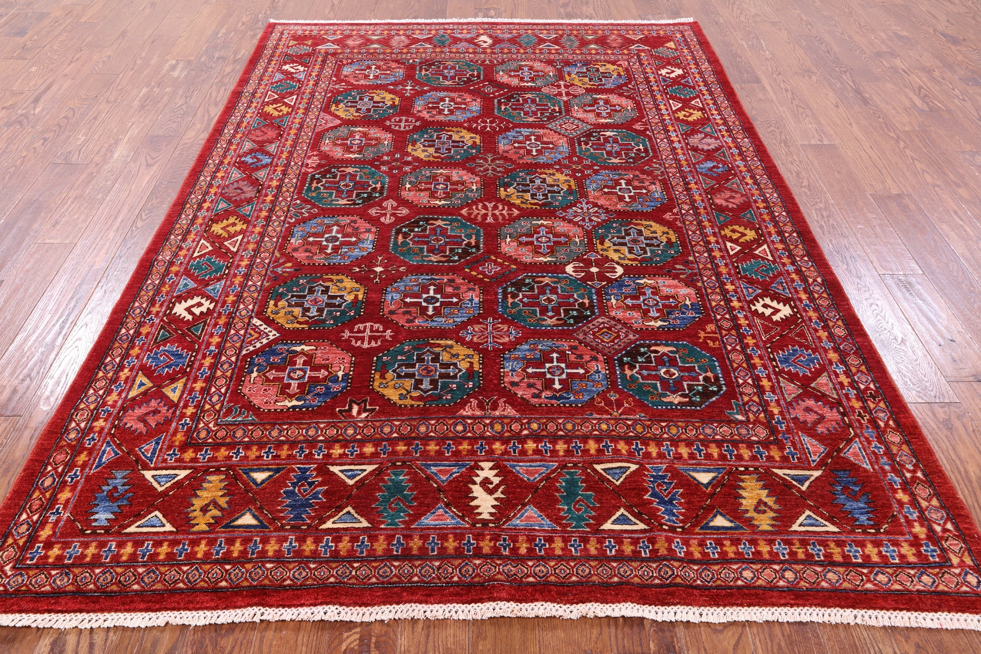 Red Turkmen Ersari Hand Knotted Wool Rug - 6' 6" X 9' 5" - Golden Nile