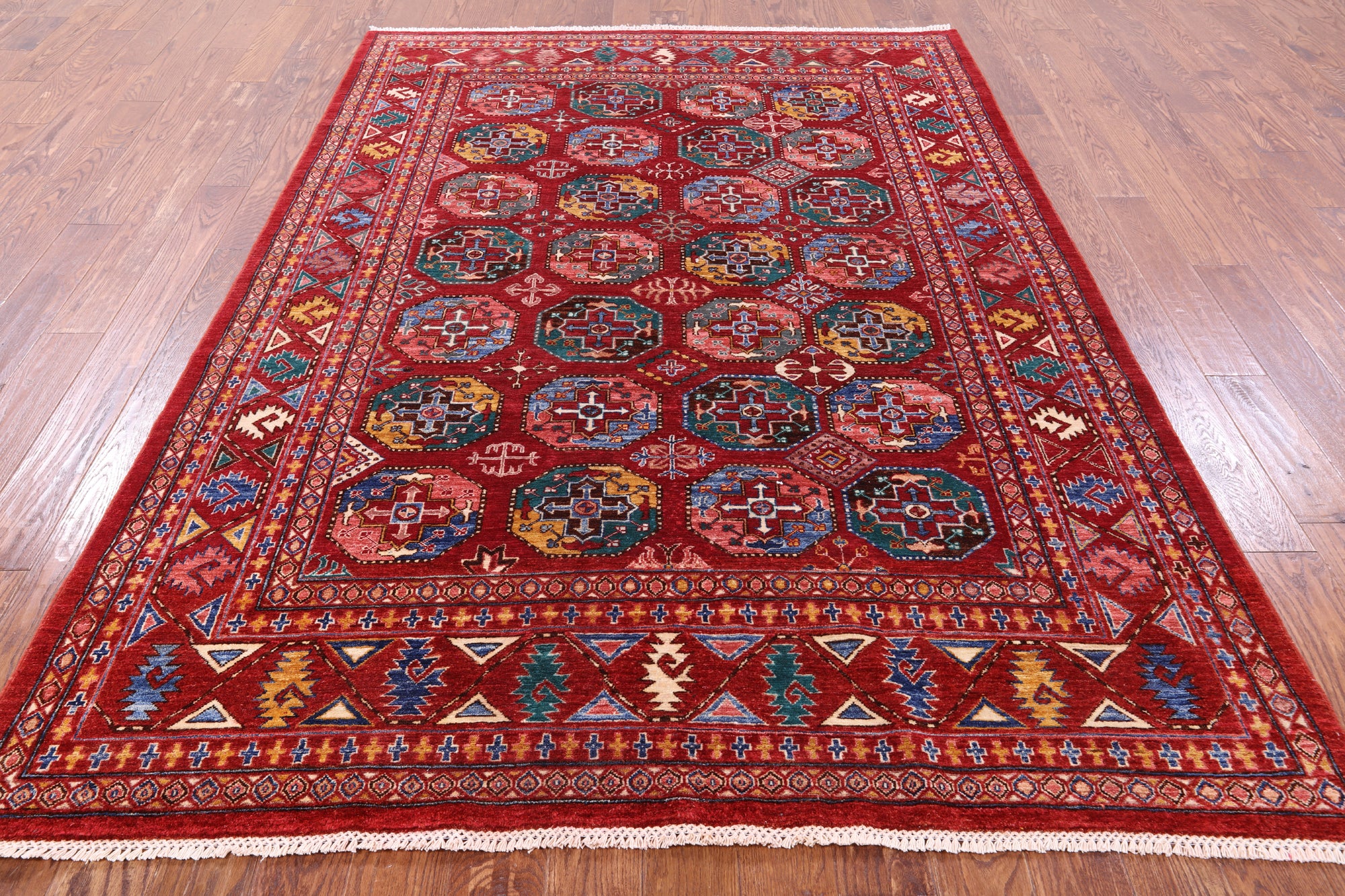 Red Turkmen Ersari Hand Knotted Wool Rug - 6' 6" X 9' 5" - Golden Nile