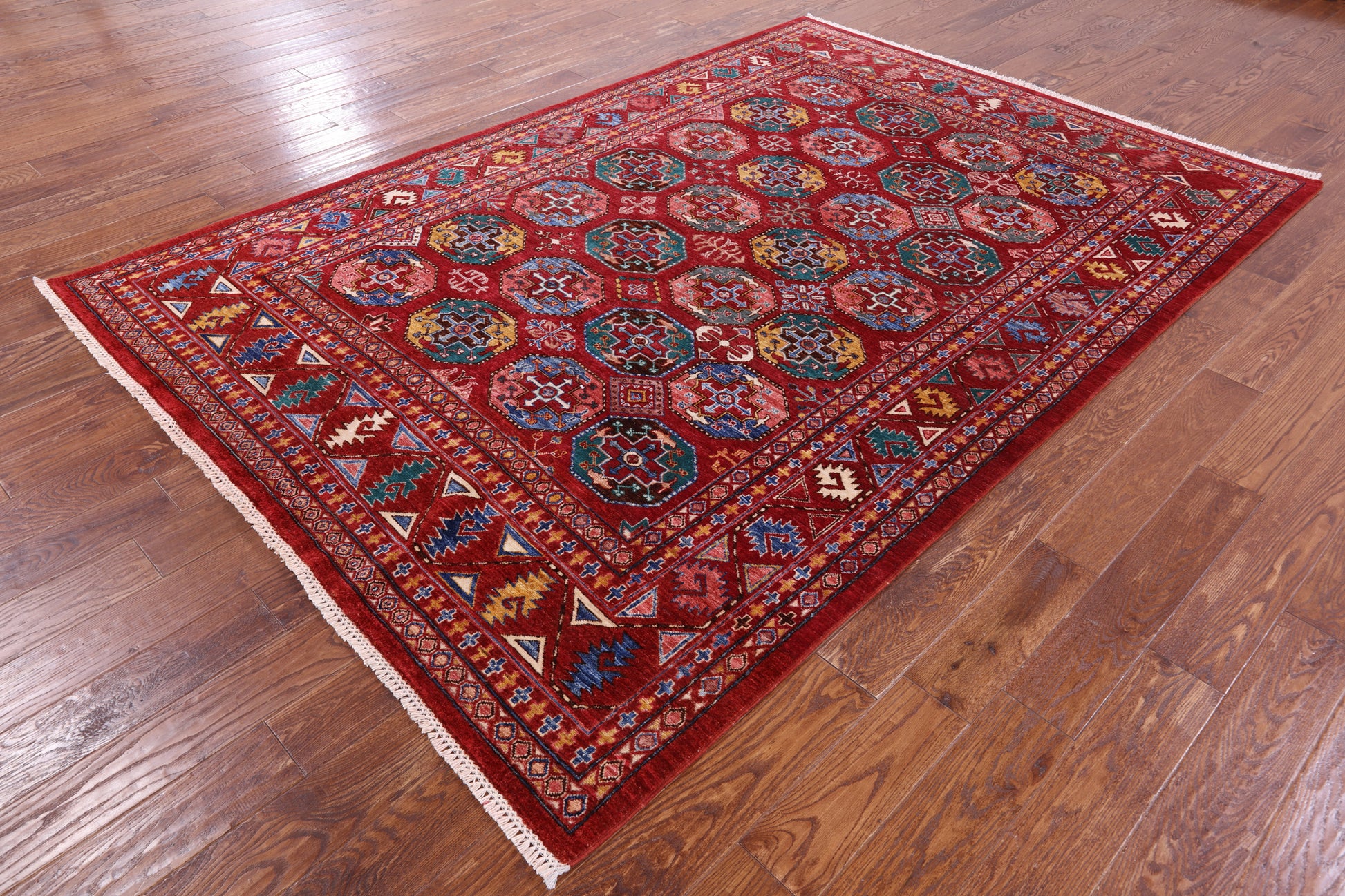 Red Turkmen Ersari Hand Knotted Wool Rug - 6' 6" X 9' 5" - Golden Nile