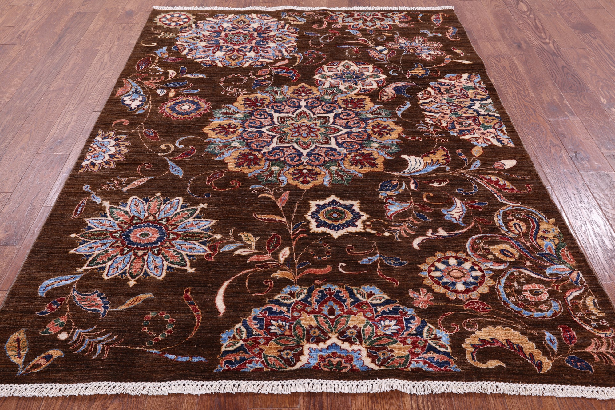 Brown Peshawar Handmade Wool Rug - 5' 8" X 7' 2" - Golden Nile