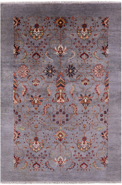 Grey Peshawar Hand Knotted Wool Rug - 5' 11" X 8' 10" - Golden Nile