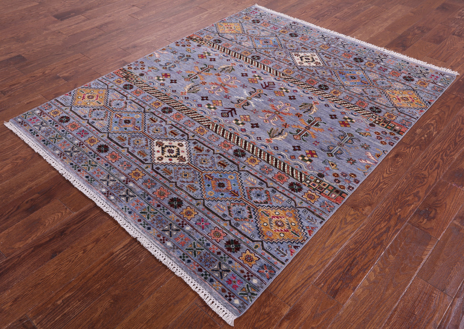 Grey Khorjin Persian Gabbeh Hand Knotted Wool Rug - 5' 2" X 6' 7" - Golden Nile