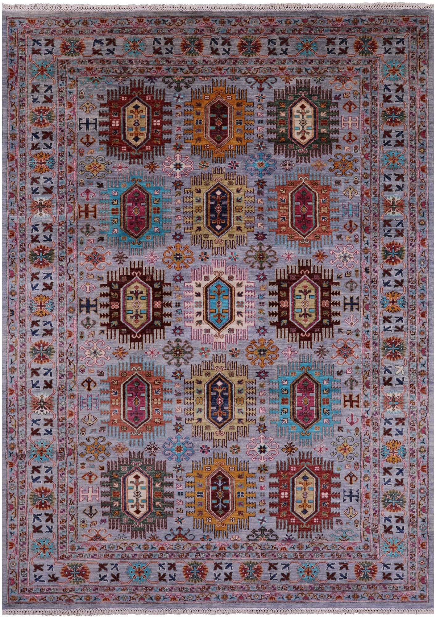 Grey Turkmen Ersari Handmade Wool Rug - 6' 10" X 9' 8" - Golden Nile