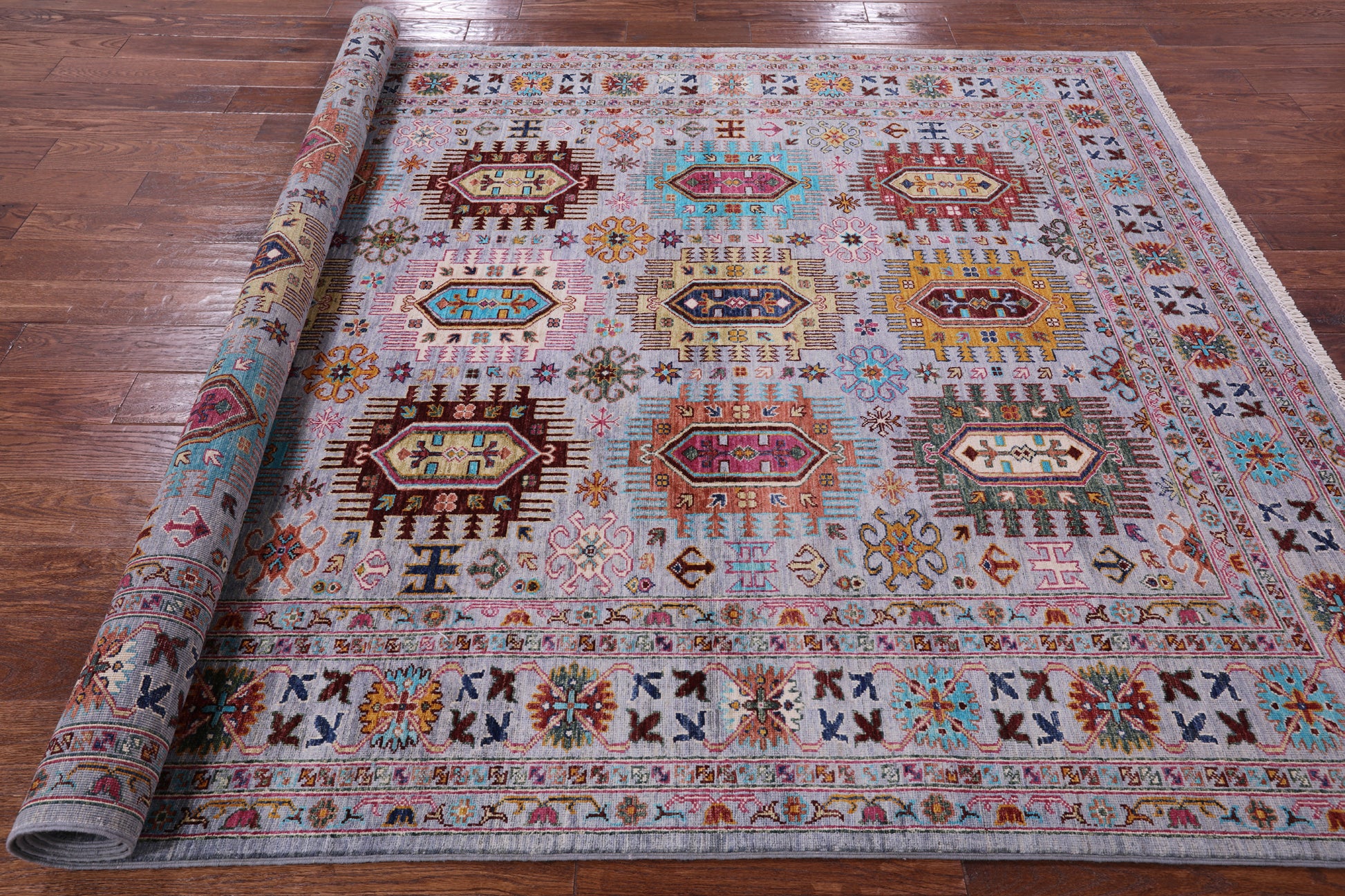 Grey Turkmen Ersari Handmade Wool Rug - 6' 10" X 9' 8" - Golden Nile