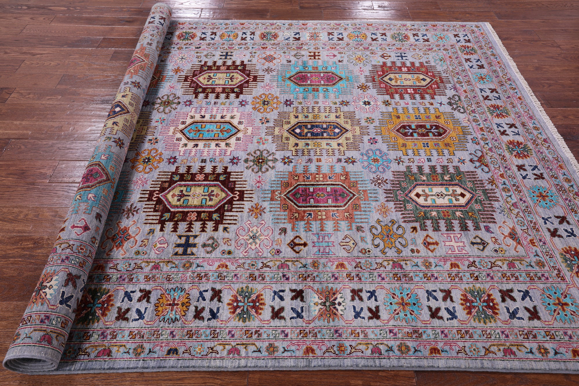 Grey Turkmen Ersari Handmade Wool Rug - 6' 10" X 9' 8" - Golden Nile