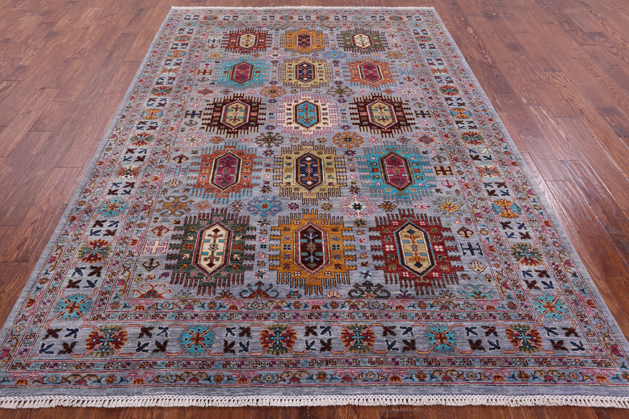Grey Turkmen Ersari Handmade Wool Rug - 6' 10" X 9' 8" - Golden Nile