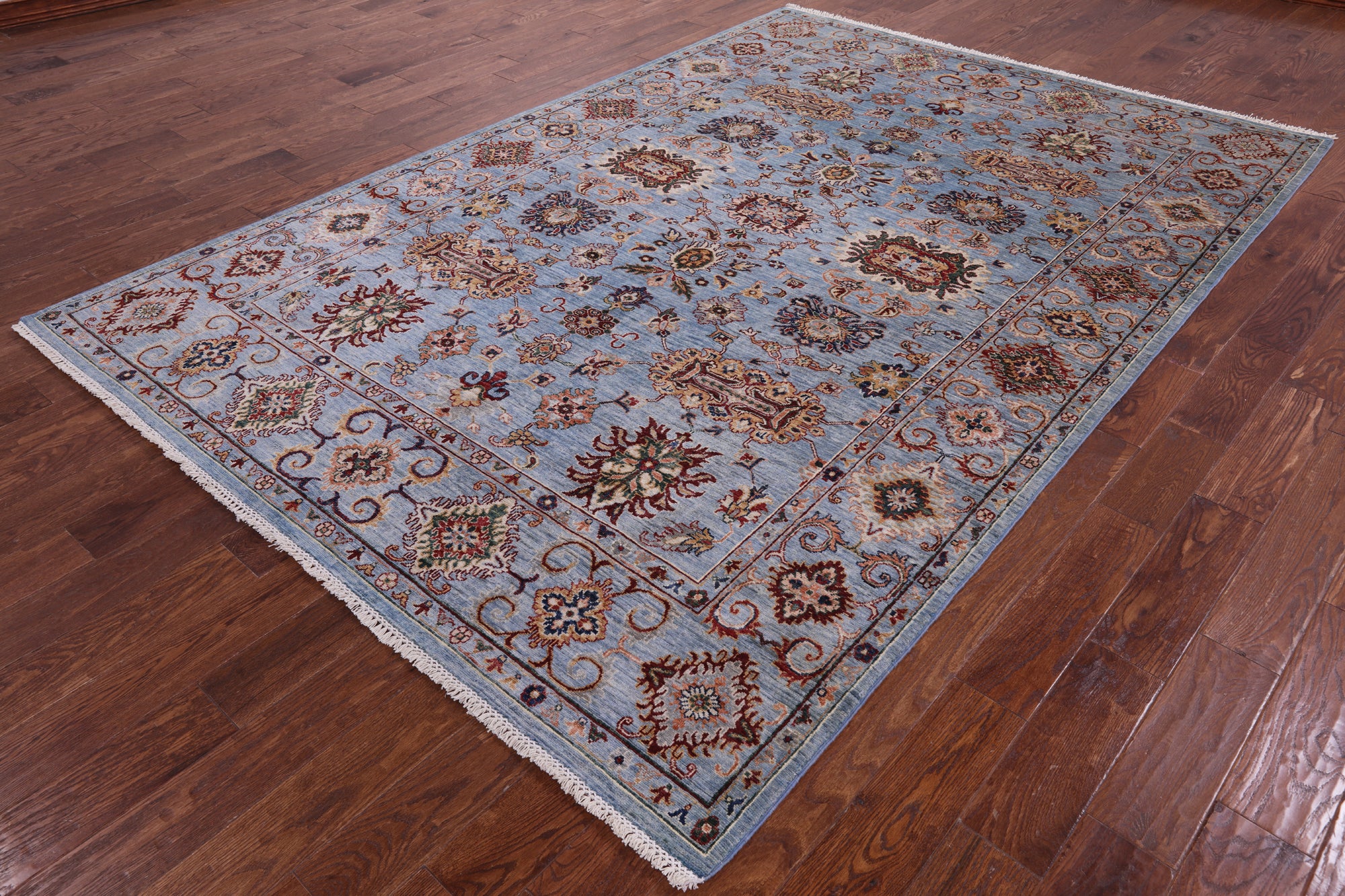 Blue Peshawar Hand Knotted Wool Rug - 6' 10" X 10' 0" - Golden Nile