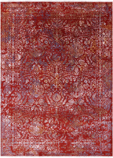 Red Abstract Contemporary Hand Knotted Wool & Silk Rug - 9' 1" X 12' 2" - Golden Nile