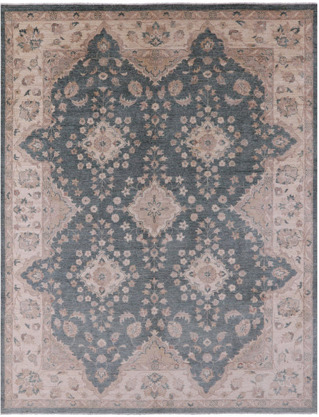 Green Peshawar Hand Knotted Wool Rug - 8' 10" X 11' 5" - Golden Nile