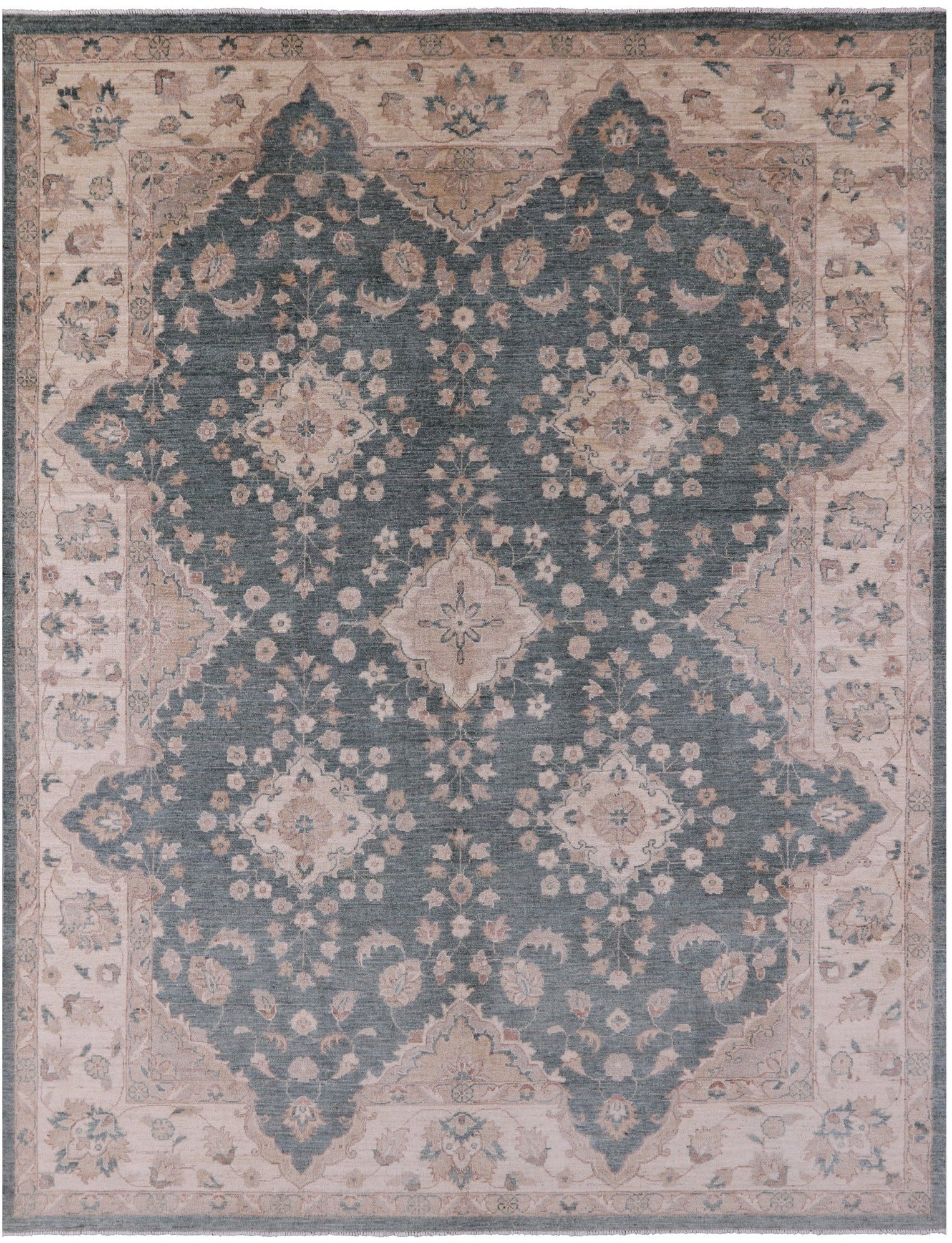 Green Peshawar Hand Knotted Wool Rug - 8' 10" X 11' 5" - Golden Nile