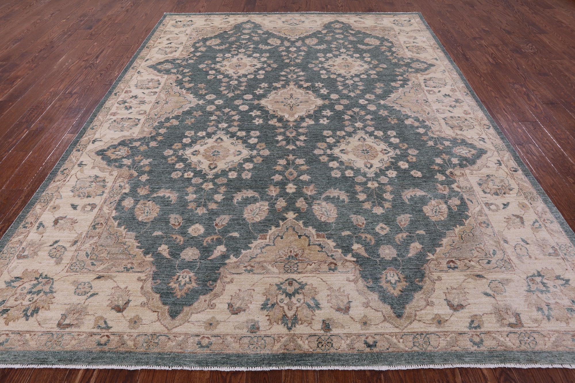 Green Peshawar Hand Knotted Wool Rug - 8' 10" X 11' 5" - Golden Nile
