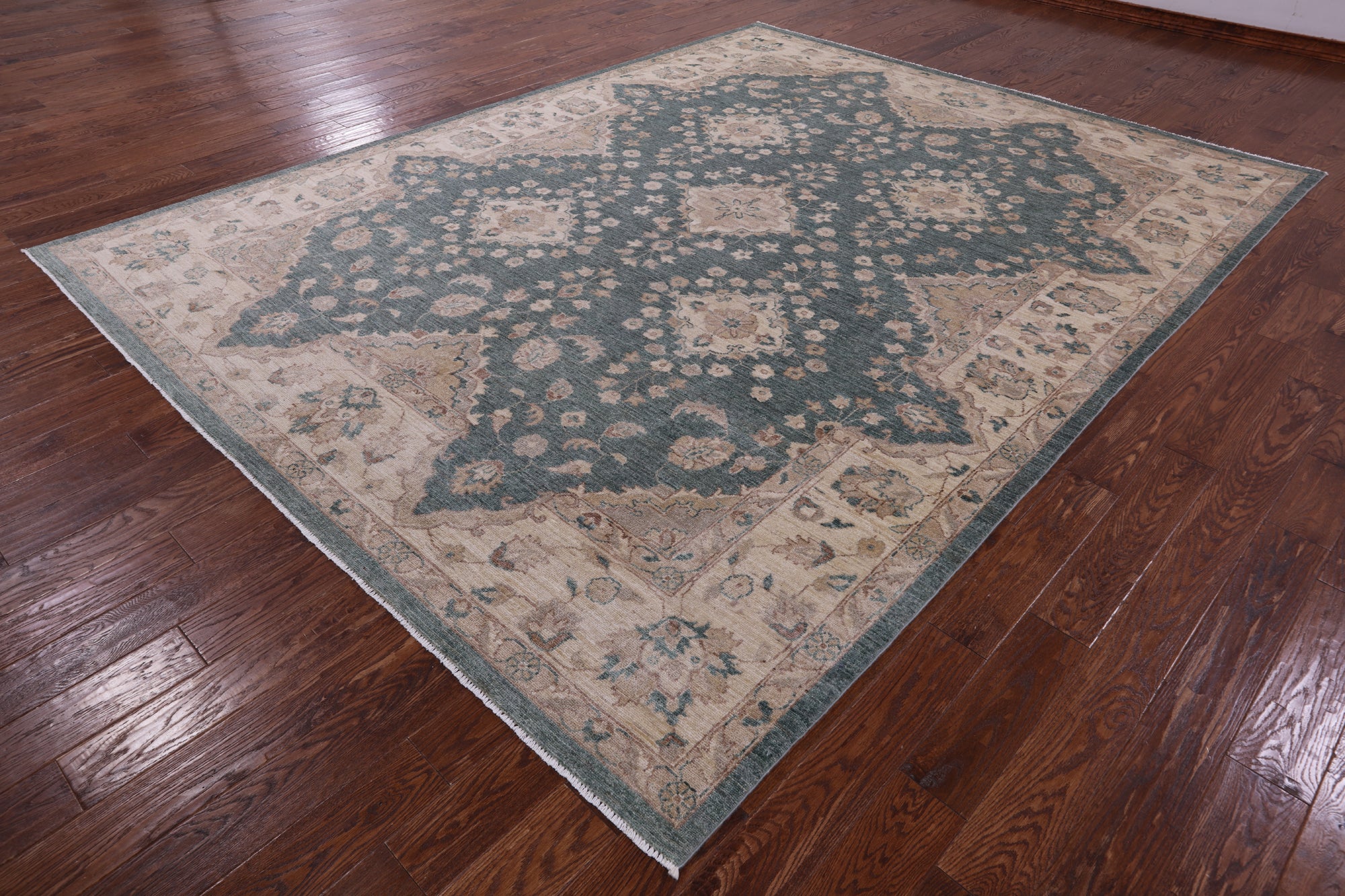Green Peshawar Hand Knotted Wool Rug - 8' 10" X 11' 5" - Golden Nile