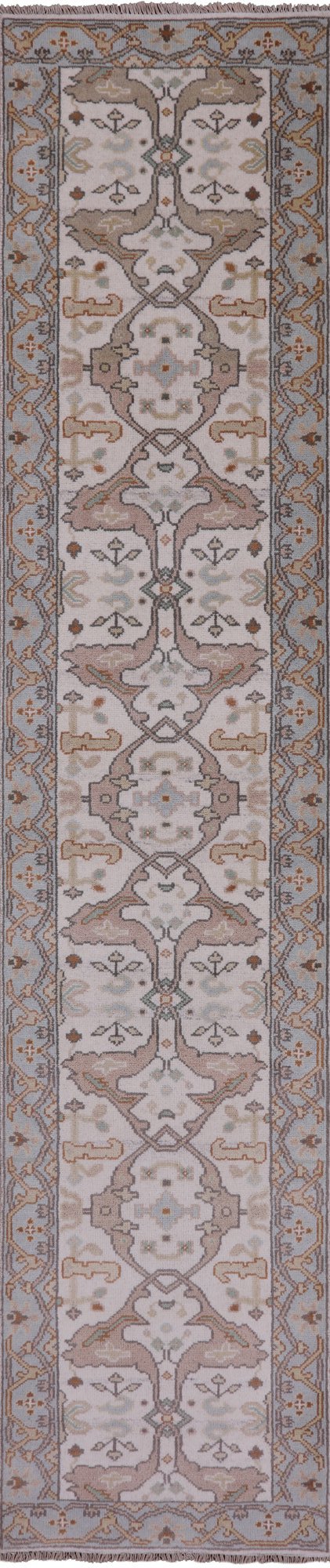 Ivory Turkish Oushak Hand Knotted Wool Runner Rug - 2' 7" X 12' 0" - Golden Nile