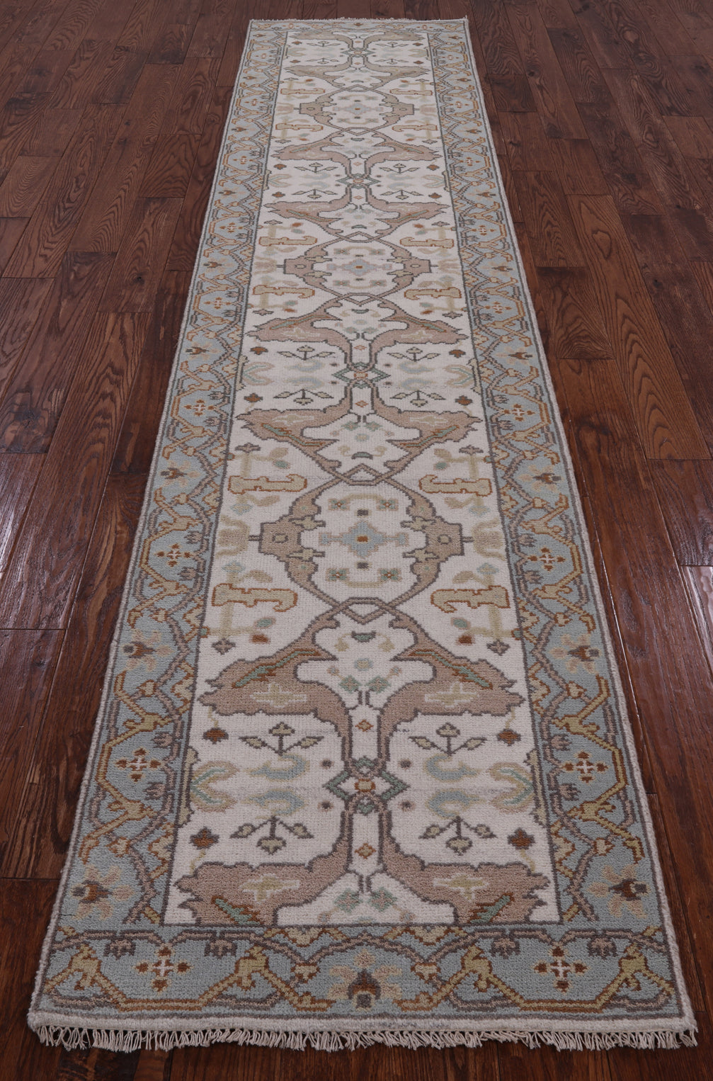 Ivory Turkish Oushak Hand Knotted Wool Runner Rug - 2' 7" X 12' 0" - Golden Nile