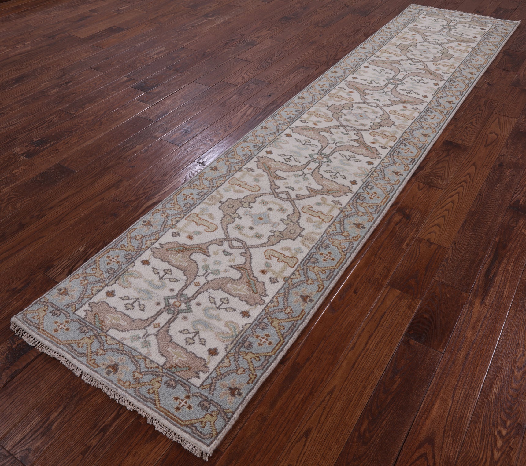 Ivory Turkish Oushak Hand Knotted Wool Runner Rug - 2' 7" X 12' 0" - Golden Nile