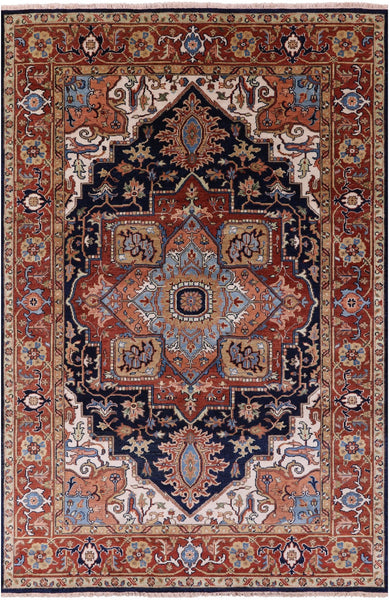 Blue Geometric Heriz Serapi Hand Knotted Wool Rug - 5' 11" X 8' 11" - Golden Nile