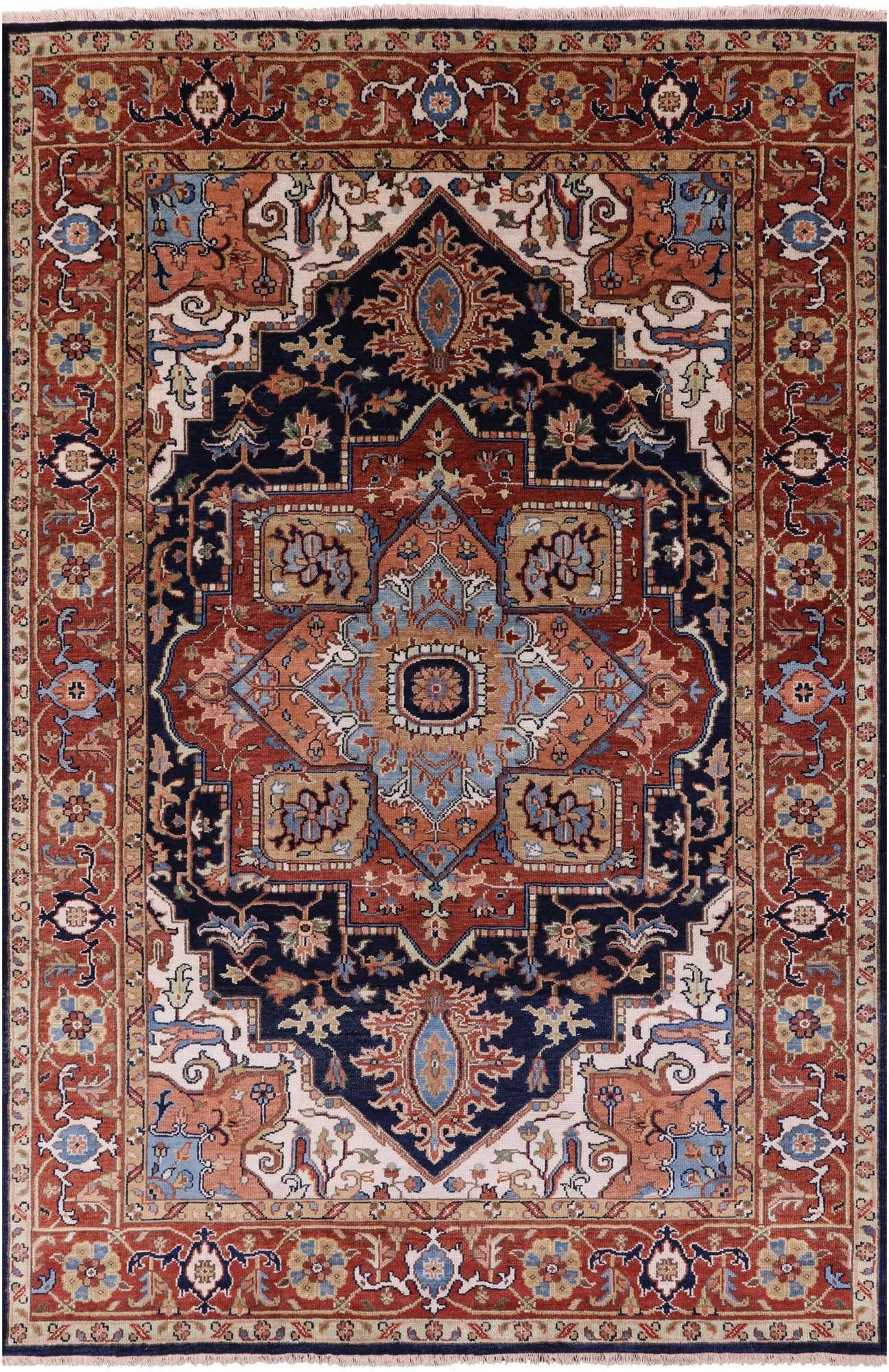 Blue Geometric Heriz Serapi Hand Knotted Wool Rug - 5' 11" X 8' 11" - Golden Nile