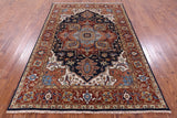 Blue Geometric Heriz Serapi Hand Knotted Wool Rug - 5' 11" X 8' 11" - Golden Nile