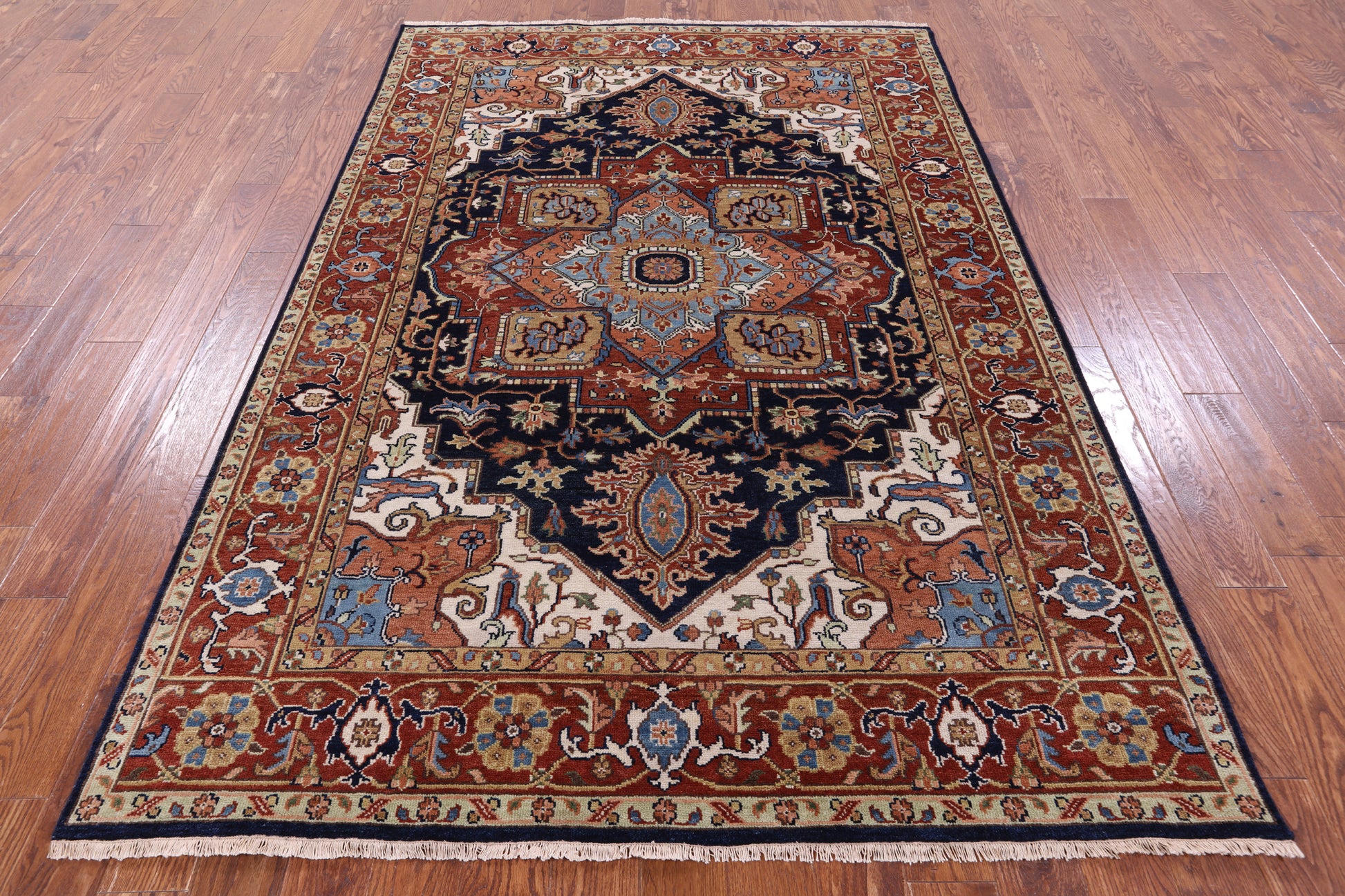 Blue Geometric Heriz Serapi Hand Knotted Wool Rug - 5' 11" X 8' 11" - Golden Nile