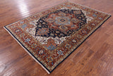 Blue Geometric Heriz Serapi Hand Knotted Wool Rug - 5' 11" X 8' 11" - Golden Nile