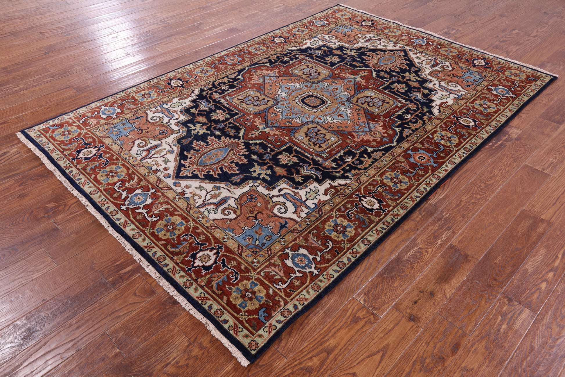 Blue Geometric Heriz Serapi Hand Knotted Wool Rug - 5' 11" X 8' 11" - Golden Nile