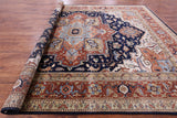 Blue Geometric Heriz Serapi Hand Knotted Wool Rug - 12' 0" X 14' 10" - Golden Nile